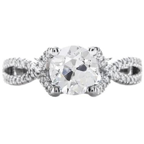 Natural Diamond Old Cut Ring 2.50 Carats Twisted Split Shank Pave Set Accents
