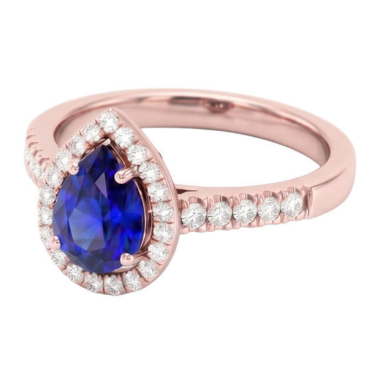 Natural Earth Mined DIAMOND ( NOT LAB GROWN ) Halo Anniversary Ring Pear Cut Sri Lankan Sapphire 3 Carats