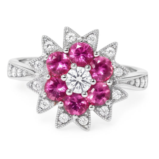 Natural Earth Mined DIAMOND ( NOT LAB GROWN )s & Pink Sapphires 1.15 Ct. Flower Style Ring White Gold 14K