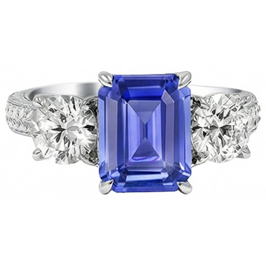 Natural Earth Mined Diamond 3 Stone Emerald Srilanka Sapphire Ring Vintage Style 3 Carats