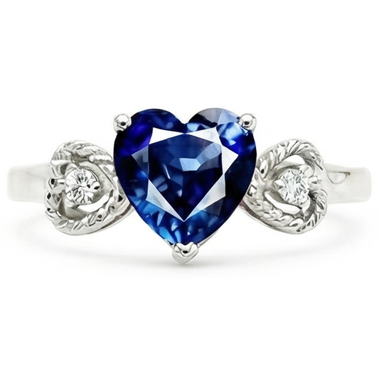 Natural Earth Mined Diamond 3 Stone Engagement Ring Heart Blue Sapphire 2.25 Carats