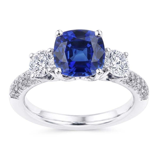 Natural Earth Mined Diamond 3 Stone Style Cushion Sri Lankan Sapphire Ring 3.50 Carats