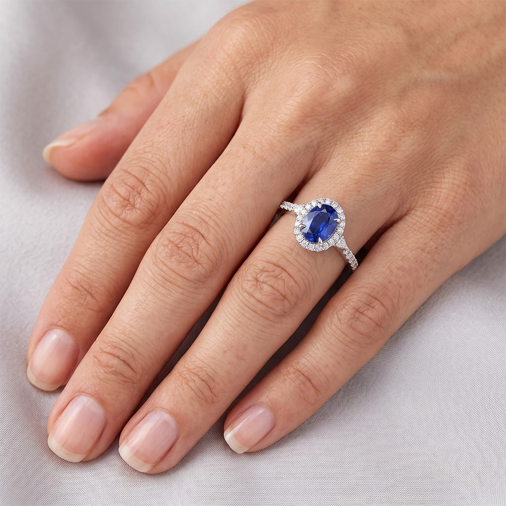 Natural Earth Mined Diamond And Oval Sapphire Ring