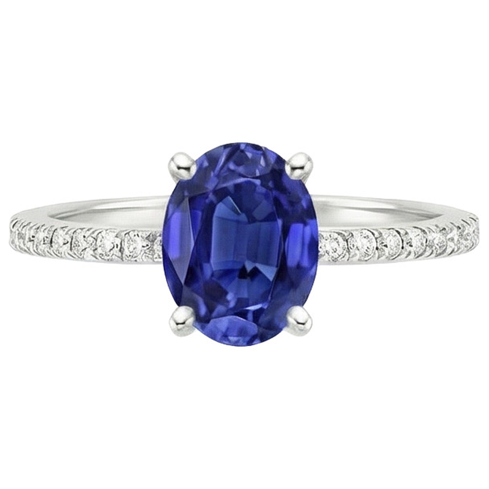 Natural Earth Mined Diamond Anniversary Ring Oval Blue Sapphire With Accents 5 Carats