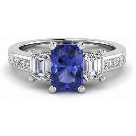 Natural Earth Mined Diamond Anniversary Sapphire Ring 3 Carat Channel Set Princess Accents