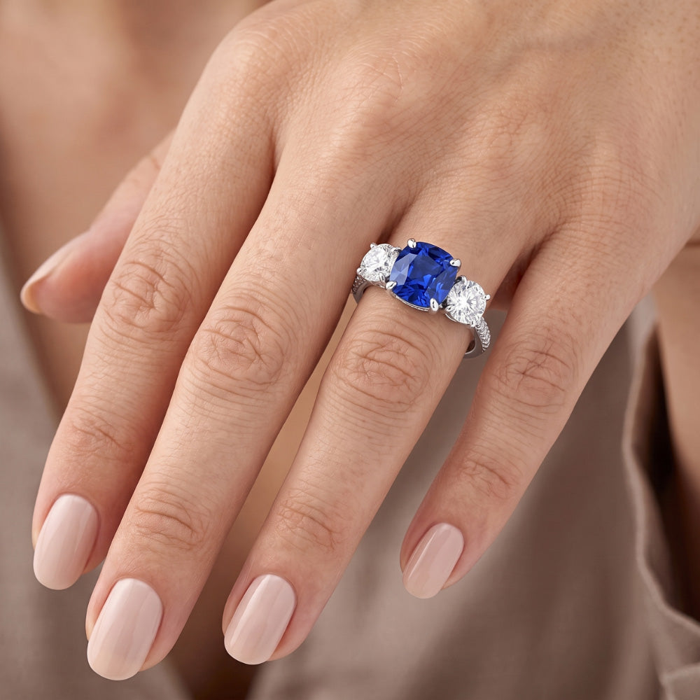 Natural Earth Mined Diamond Cushion Blue Sapphire Ring 3 Stone Style & Accents 3.50 Carats