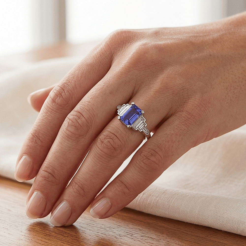Natural Earth Mined Diamond Emerald Blue Sapphire With Baguette Accents Ring 3 Carats