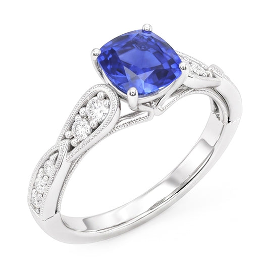 Natural Earth Mined Diamond Engagement Ring Cushion Sapphire 2.50 Carats Vintage Style