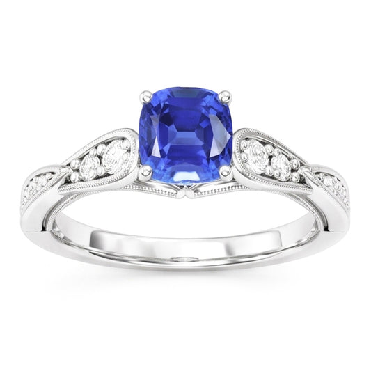 Natural Earth Mined Diamond Engagement Ring Cushion Sapphire 2.50 Carats Vintage Style