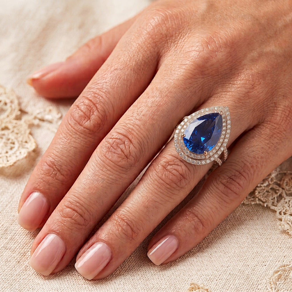 Natural Earth Mined Diamond Engagement Ring Double Halo Pear Blue Sapphire 5.75 Carats