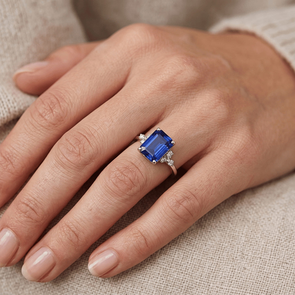 Natural Earth Mined Diamond Engagement Ring Emerald With Accents Blue Sapphire 4 Carats