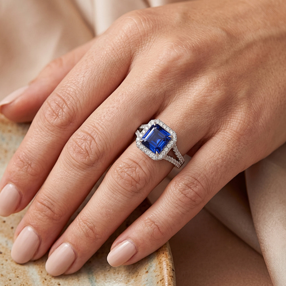 Natural Earth Mined Diamond Engagement Ring Halo Asscher Sapphire Gold Split Shank 4 Carat