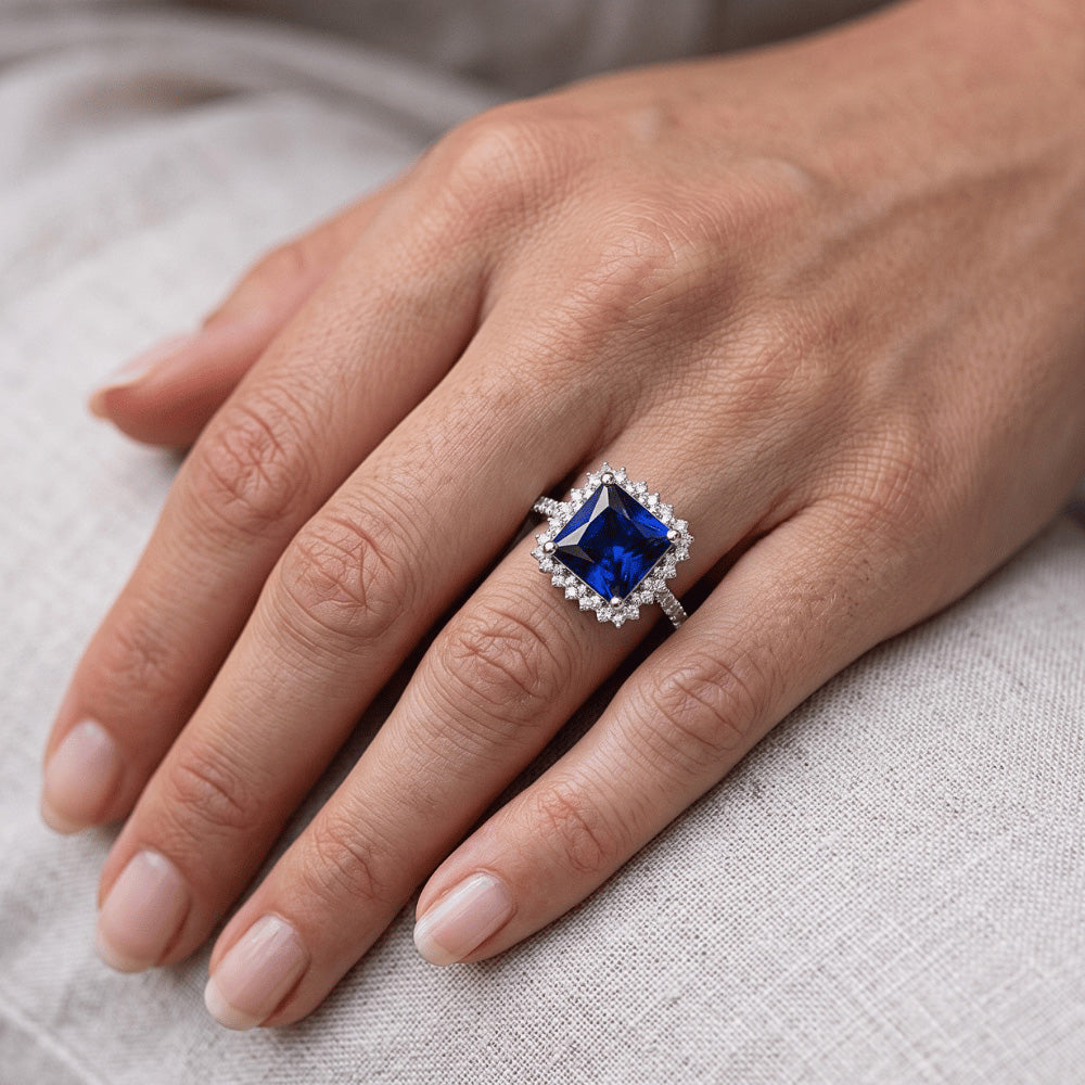 Natural Earth Mined Diamond Engagement Ring Halo Ceylon Sapphire Sunburst Style 6.25 Carat
