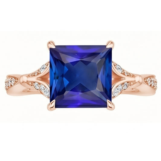 Natural Earth Mined Diamond Engagement Ring Prong Set Princess Blue Sapphire 3.75 Carats