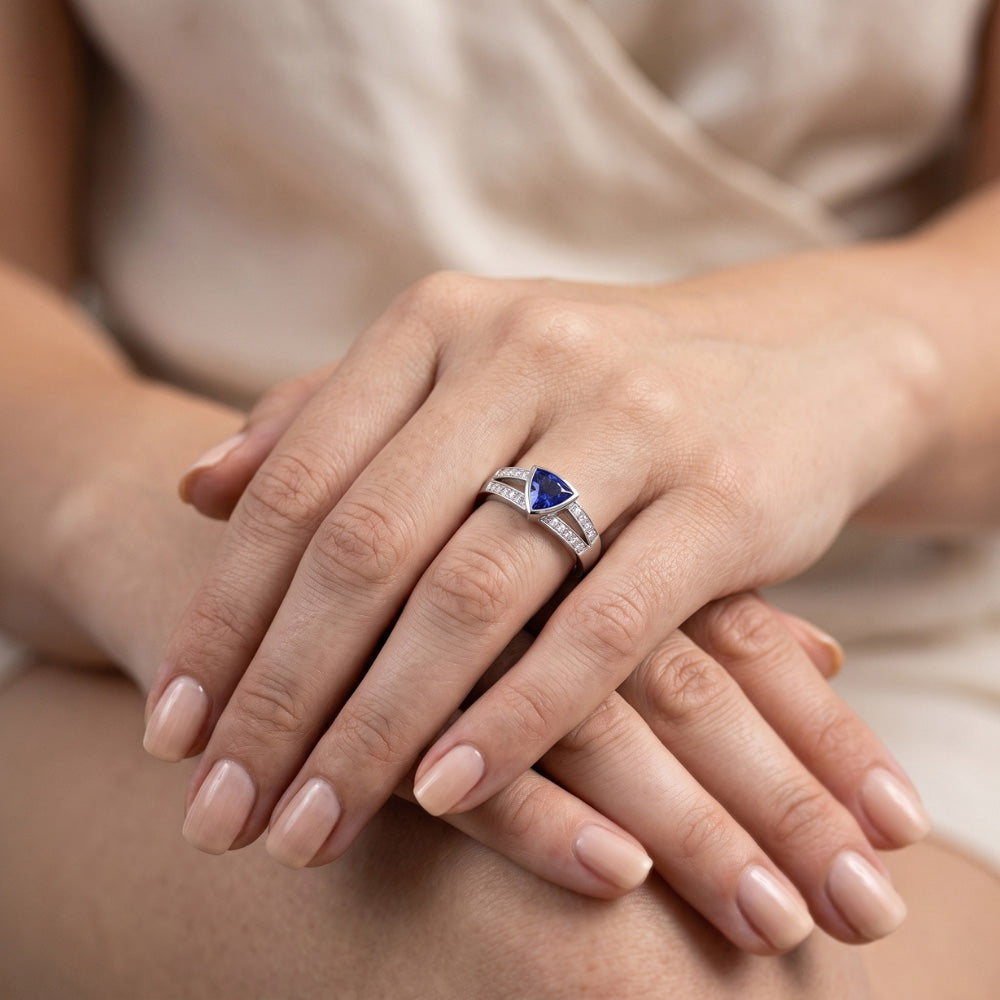 Natural Earth Mined Diamond Engagement Ring Trillion Sapphire Jewellery Split Shank 1 Carat