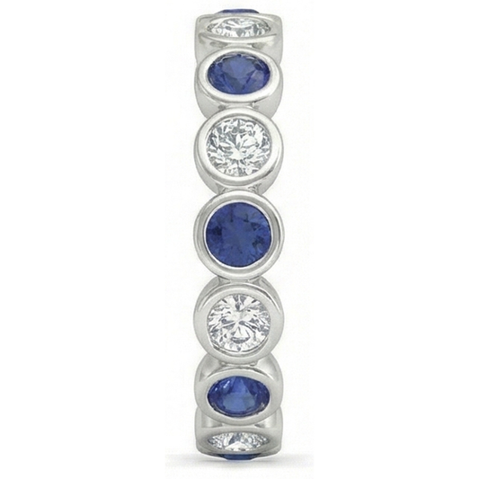 Natural Earth Mined Diamond Eternity Band 2 Carat Bezel Set Round Blue Sapphire Ladies