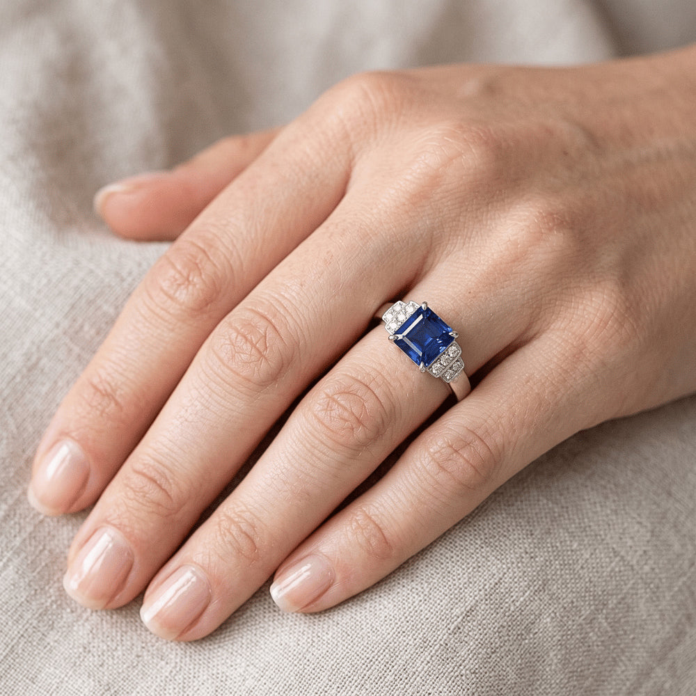 Natural Earth Mined Diamond Fancy Ring Asscher Cut Sapphire Gemstone 3 Carats Prong Set