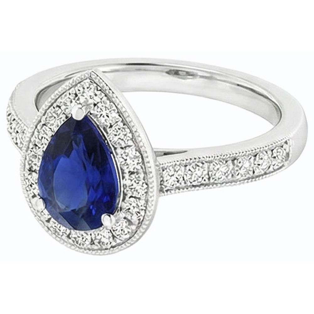 Natural Earth Mined Diamond Halo Engagement Ring Pear Srilanka Sapphire 4.50 Carats