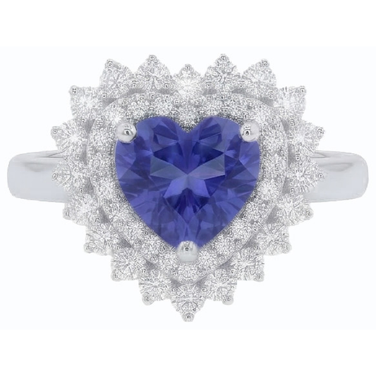 Natural Earth Mined Diamond Halo Heart Blue Sapphire Ring 3 Carat Star Style
