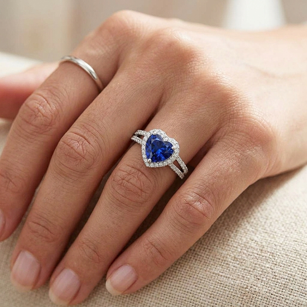 Natural Earth Mined Diamond Halo Heart Cut Sapphire Ring Double Shank 3.50 Carats
