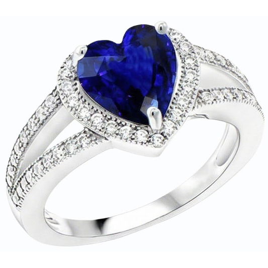 Natural Earth Mined Diamond Halo Heart Shaped Blue Sapphire Ring Split Shank 4 Carats