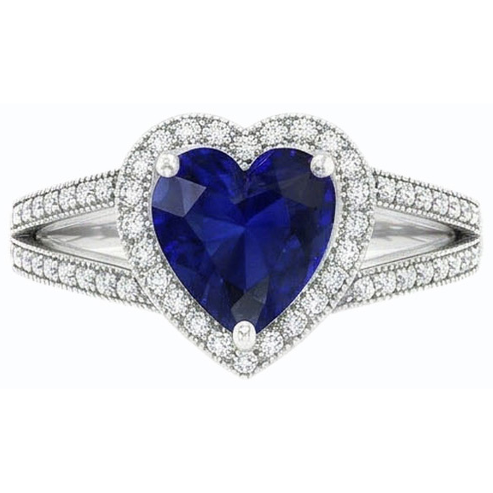 Natural Earth Mined Diamond Halo Heart Shaped Blue Sapphire Ring Split Shank 4 Carats