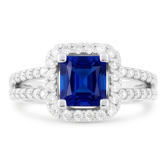 Natural Earth Mined Diamond Halo Radiant Sapphire Ring Double Shank 3 Carats Gold Jewellery