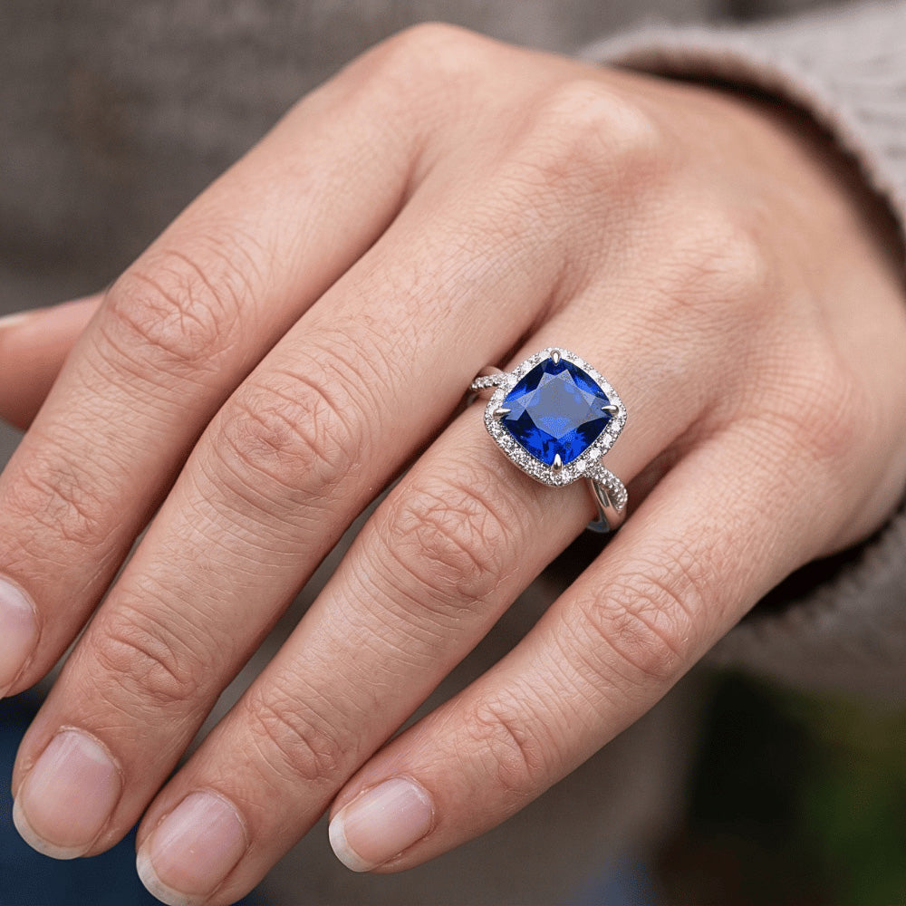 Natural Earth Mined Diamond Halo Ring Cushion Blue Sapphire Pave Set Accented 3.25 Carats