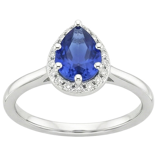 Natural Earth Mined Diamond Halo Ring Teardrop Style Pear Sri Lankan Sapphire 4 Carats