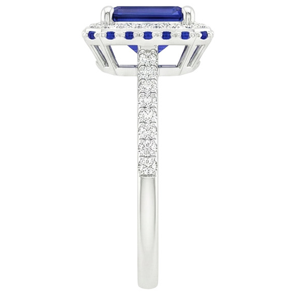 Natural Earth Mined Diamond Halo Ring With Blue Sapphires on Side Emerald 4.25 Carats
