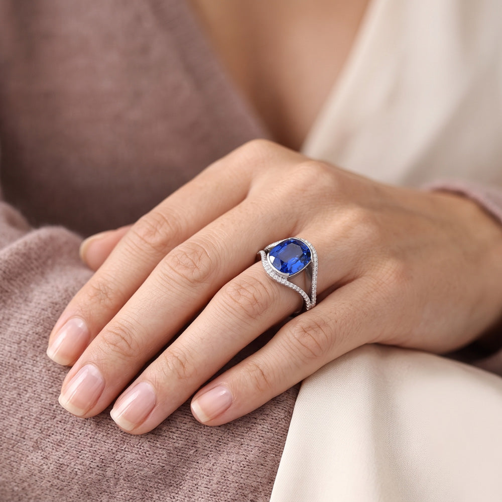 Natural Earth Mined Diamond Jewellery Oval Ceylon Sapphire Ring Split Shank 4.50 Carats