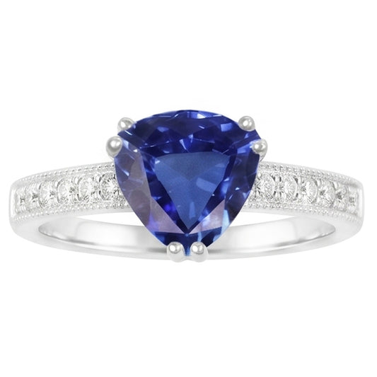 Natural Earth Mined Diamond Jewellery Trillion Cut Blue Sapphire Ring Double Prong 2 Carats