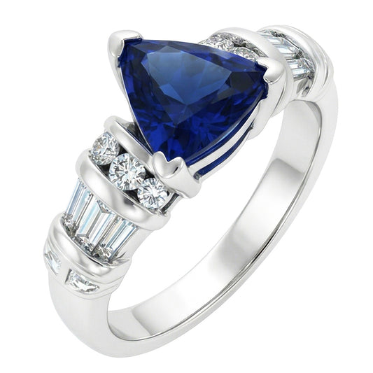 Natural Earth Mined Diamond Jewellery Trillion Sapphire Ring 2 Carats 14K White Gold