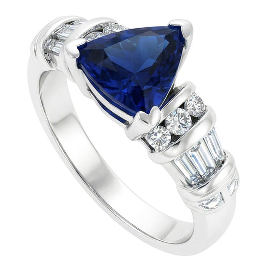 Natural Earth Mined Diamond Jewellery Trillion Sapphire Ring 2 Carats 14K White Gold
