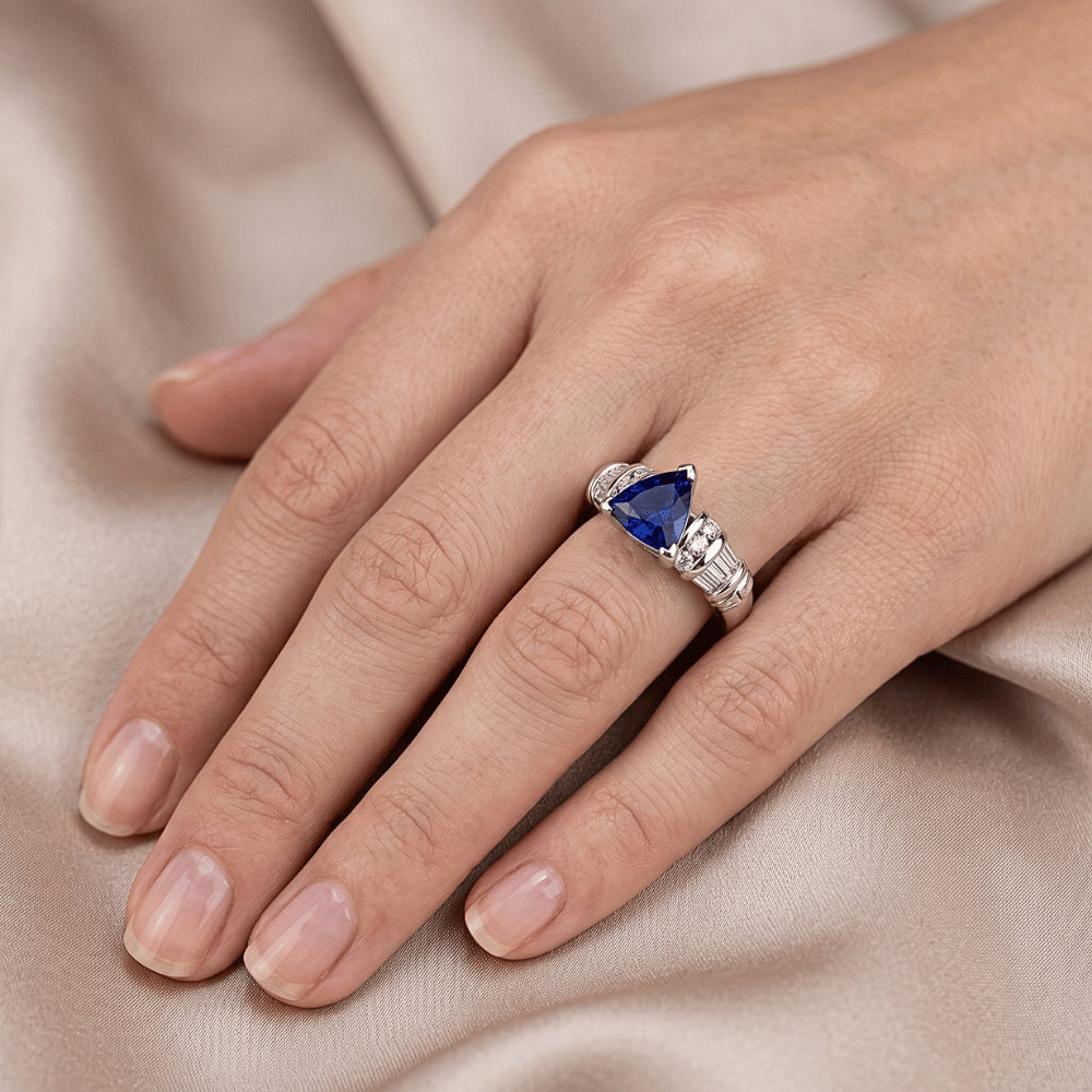 Natural Earth Mined Diamond Jewellery Trillion Sapphire Ring 2 Carats 14K White Gold