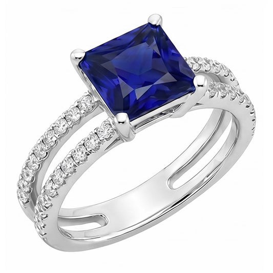 Natural Earth Mined Diamond Ring Princess Cut Sapphire With Accents Split Shank 6 Carats