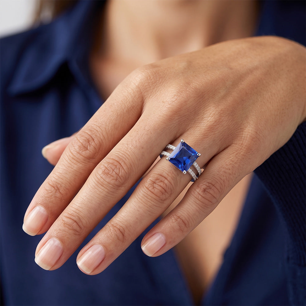 Natural Earth Mined Diamond Ring Princess Cut Sapphire With Accents Split Shank 6 Carats