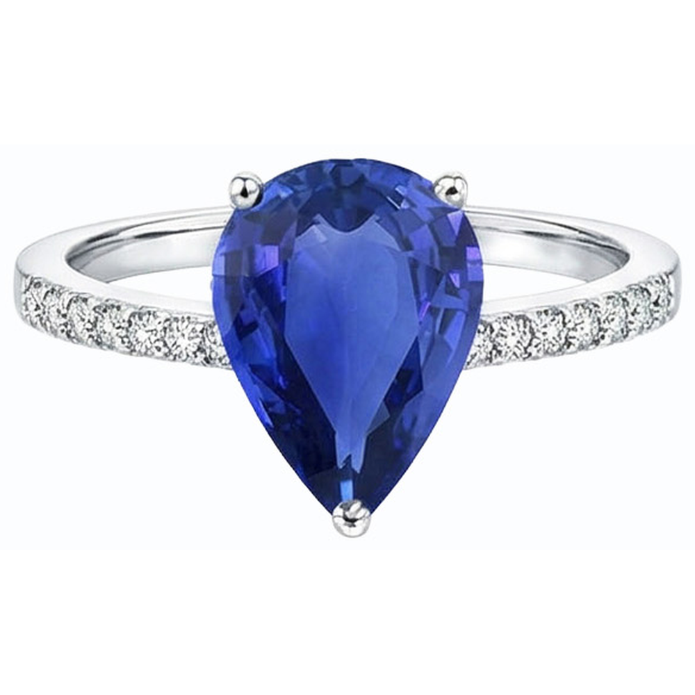 Natural Earth Mined Diamond Solitaire Pear Ceylon Sapphire Ring With Accents 4 Carats