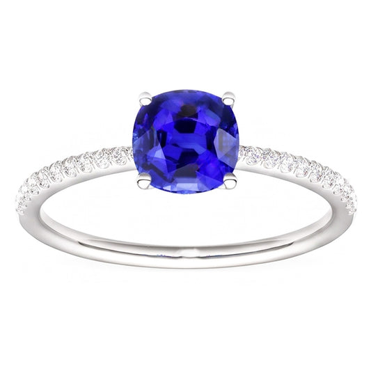 Natural Earth Mined Diamond Solitaire Ring Accents Cushion Shaped Ceylon Sapphire 3 Carats
