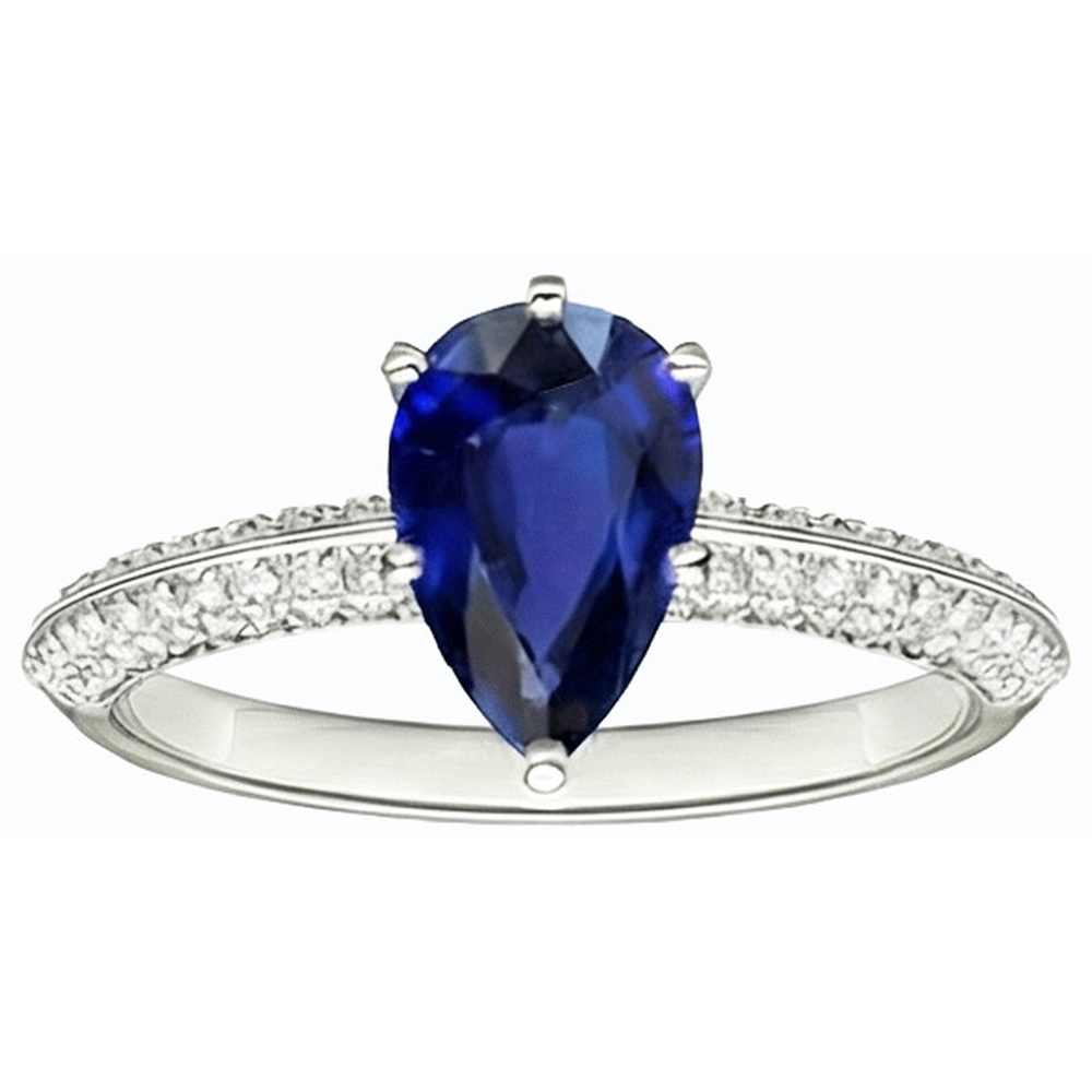 Natural Earth Mined Diamond Solitaire Ring Accents Pear Sri Lankan Sapphire 3 Carats