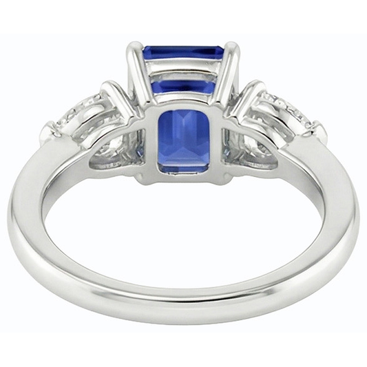 Natural Earth Mined Diamond Three Stone Emerald Shaped Ring Deep Blue Sapphire 2.50 Carats