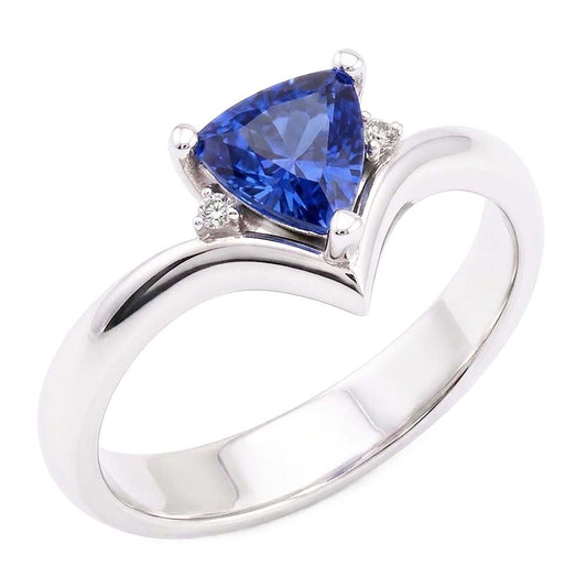 Natural Earth Mined Diamond Three Stone Trillion Sapphire Ring 1.25 Carats Heart Style