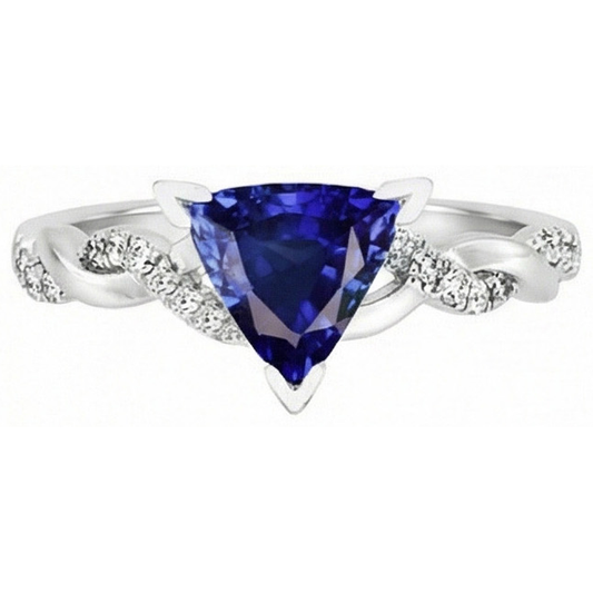 Natural Earth Mined Diamond Trillion V Prong Blue Sapphire Ring 2 Carats Twisted Style