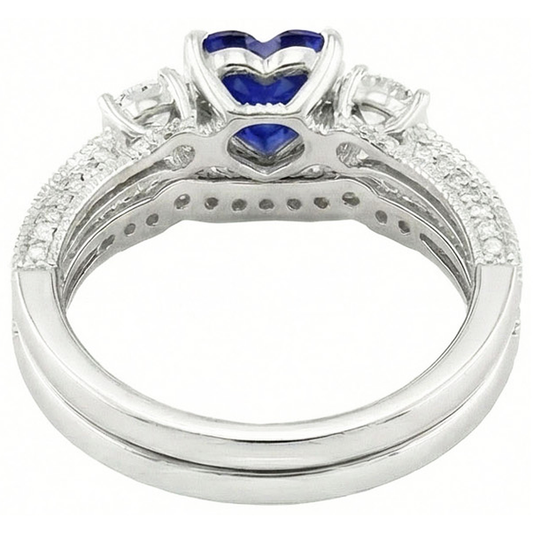 Natural Earth Mined Diamond Wedding Ring Set Heart Blue Sapphire Antique Style 3.50 Carats