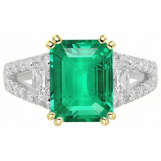 Emerald Step Cut Gemstone Ring in 14K Two Tone Gold – front view