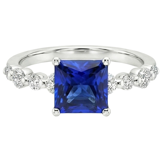 New Gold Princess Cut Natural Blue Sapphire With Accents Ring 4 Carats