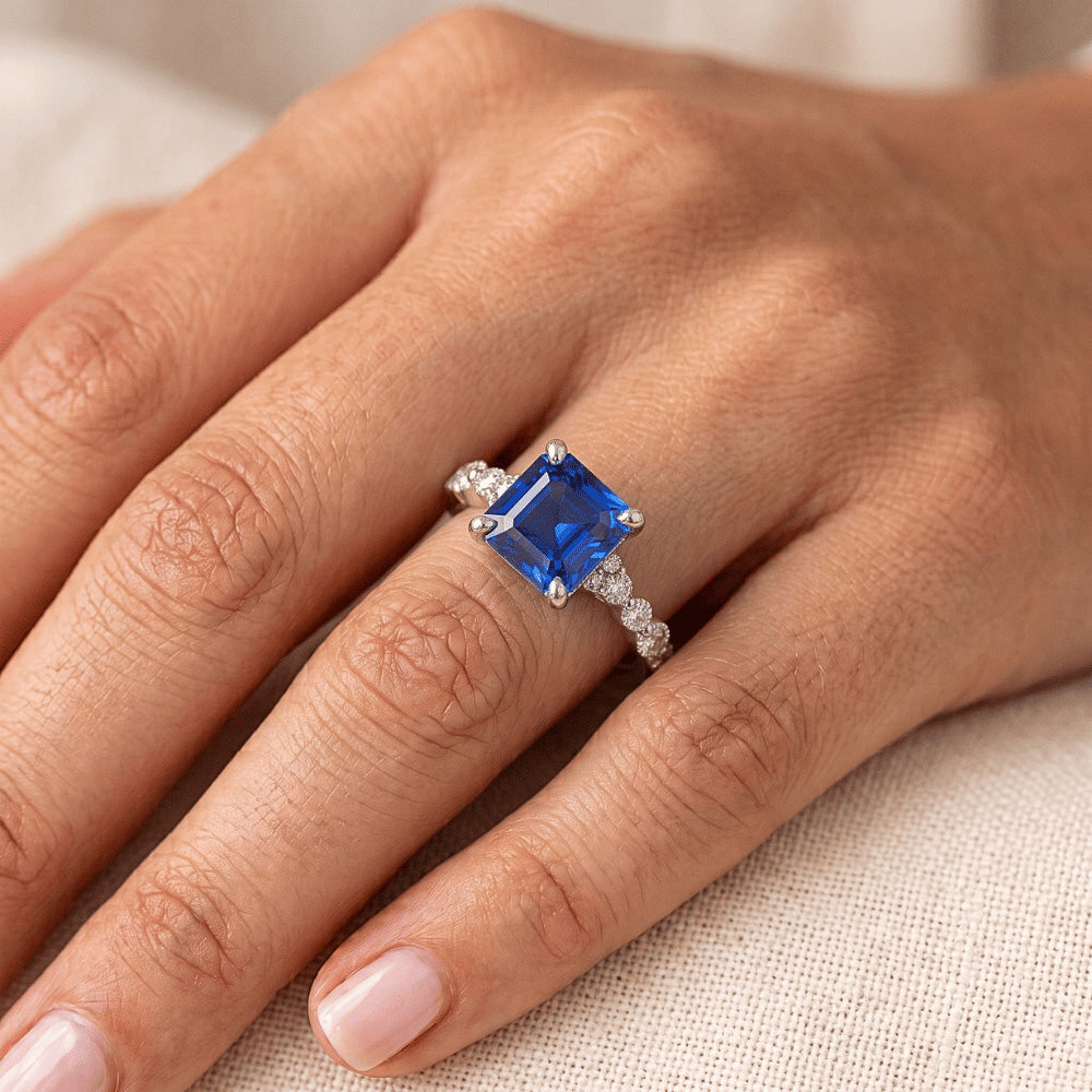 New Gold Princess Cut Natural Blue Sapphire With Accents Ring 4 Carats