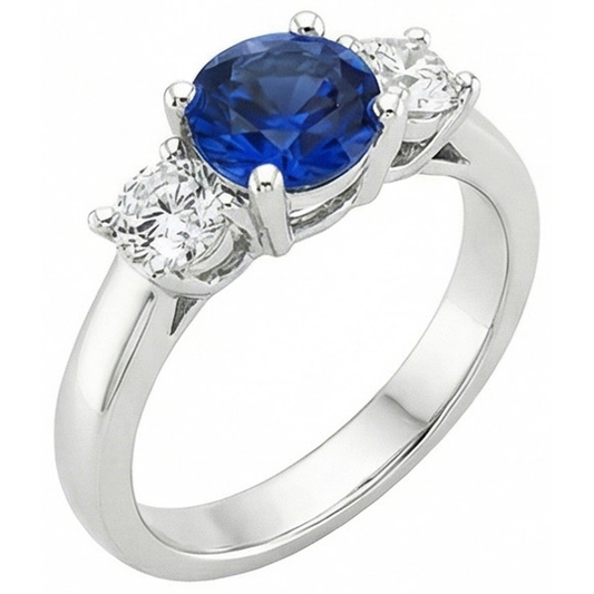 New Three Stone Gold Ring Round Ceylon Sapphire And Natural Earth Mined Diamonds 3 Carats