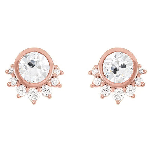 Old Cut Diamond Studs Real 5.50 Carats Star Style Gold Push Backs Bezel Set