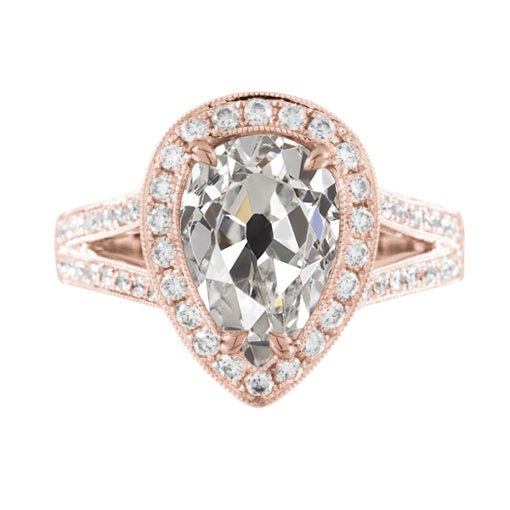 Old Cut Pear Halo Natural Diamond Ring Split Shank 3.50 Carats Rose Gold